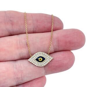 Estate Gold-Tone Sterling Silver 925 Evil Eye Crystal Necklace 17"-18"